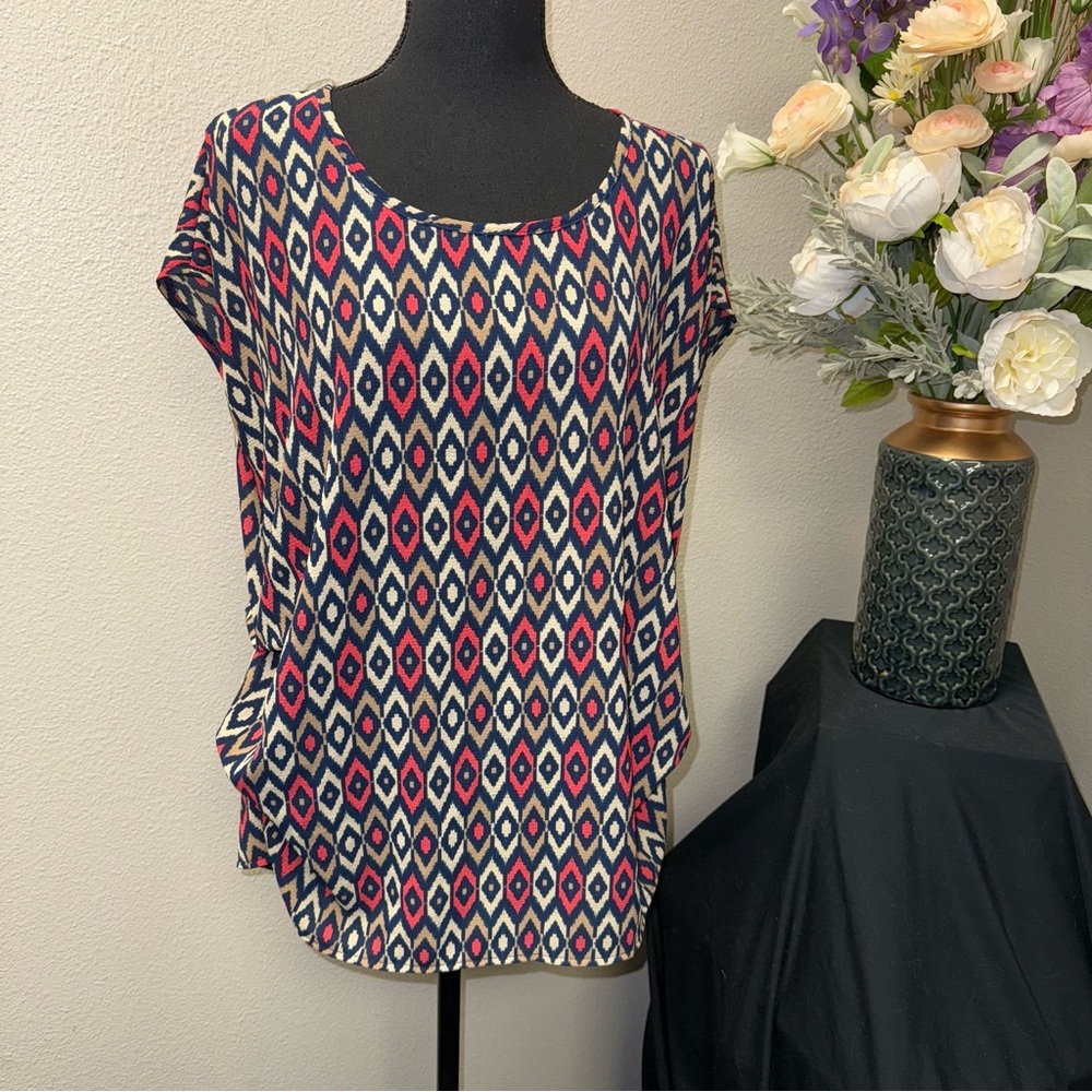 Zenobia Boho Geometric Ikat Print Cap Sleeve Tunic Top Navy Pink